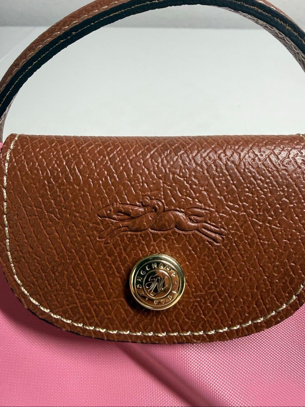 Longchamp Mini Le Pliage Nylon Guimauve Blush Pink Brown Top Handle Bag + Strap - Picture 8 of 14